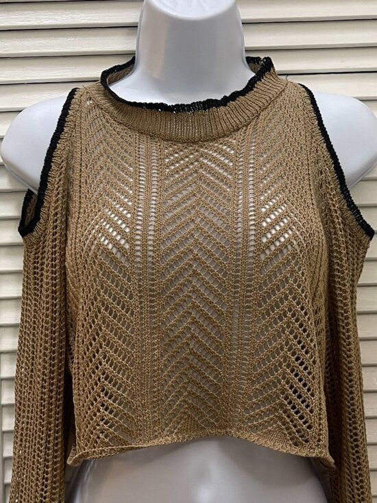 KOALB Tops - Open Knit Cold Shoulder Crop Sweater Coastal Boho Festival Beige